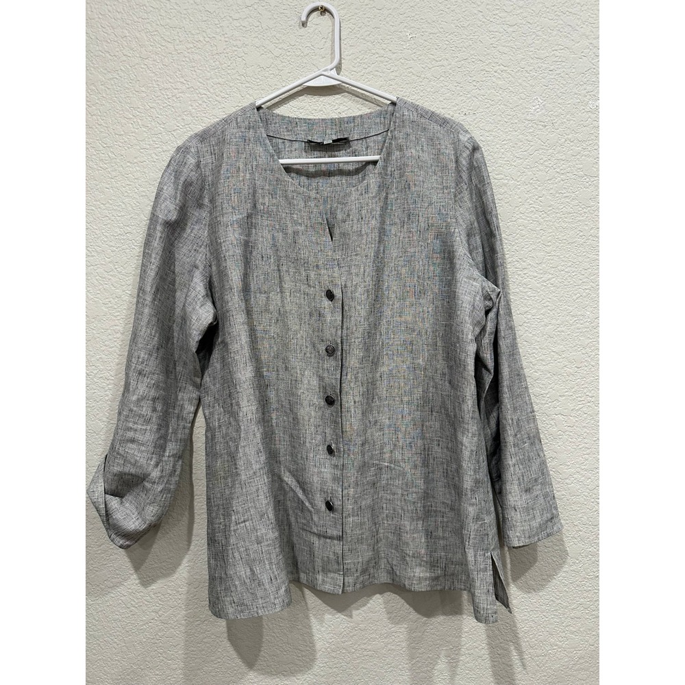 Nurture Womens Grey 100% Linen Button Down Blouse Split Neck Crest Buttons Large